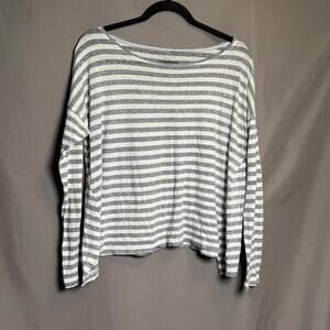 EILEEN FISHER White Heather Gray Boxy Striped Long Sleeve Tee Women's S